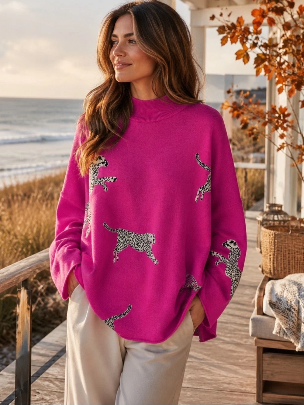 Entro Fuchsia Leopard Cheetah Mock Neck Oversized Sweater M